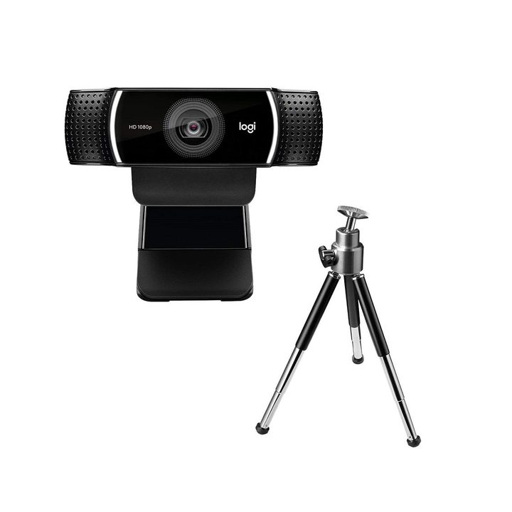 Logitech C922 Pro Stream webcam with tripod on a white background.