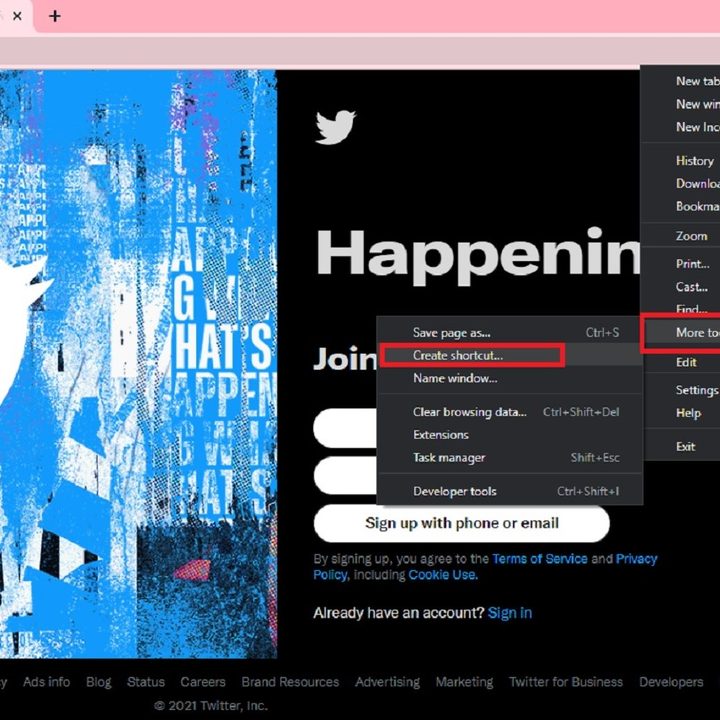 Google Chrome screenshot showing how to create a shortcut.