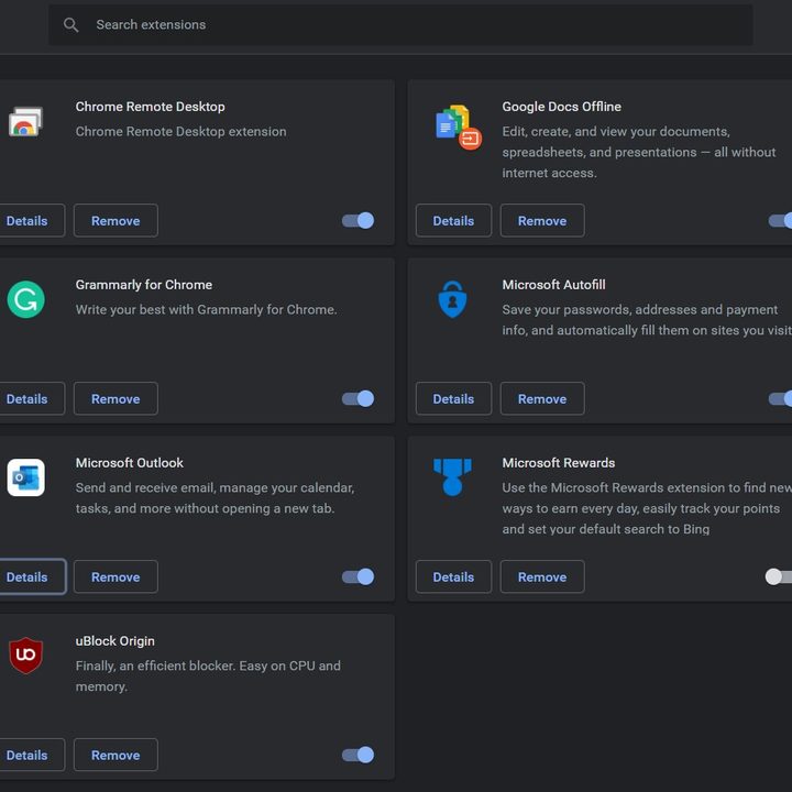 Extension options in Google Chrome.