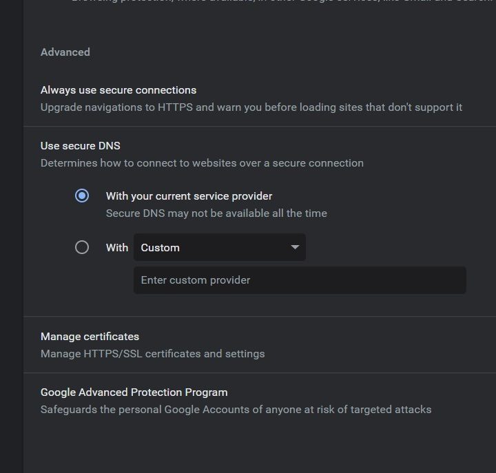 Chrome's HTTPS section in security.