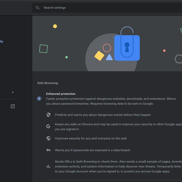 The settings menu in Chrome that changes the safe browsing settings.