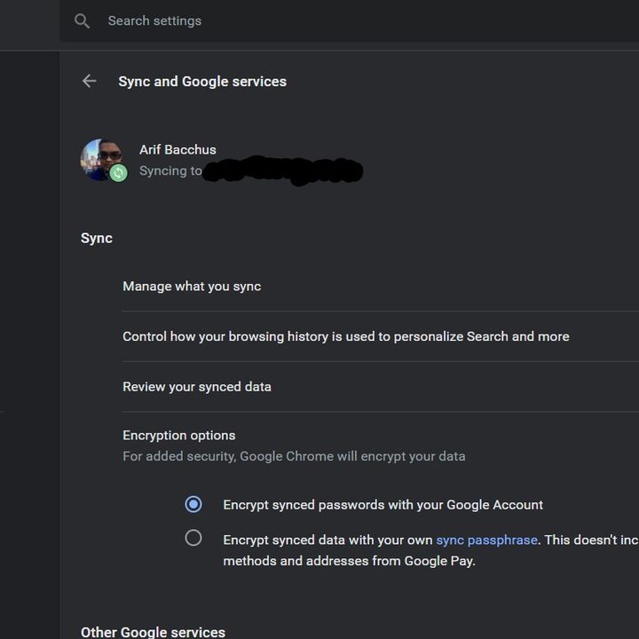 Changing the encryption settings in Chrome.