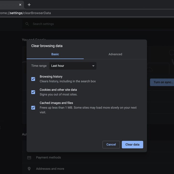 A screen shot of the Clear Browsing Data window on Google Chrome for Mac.