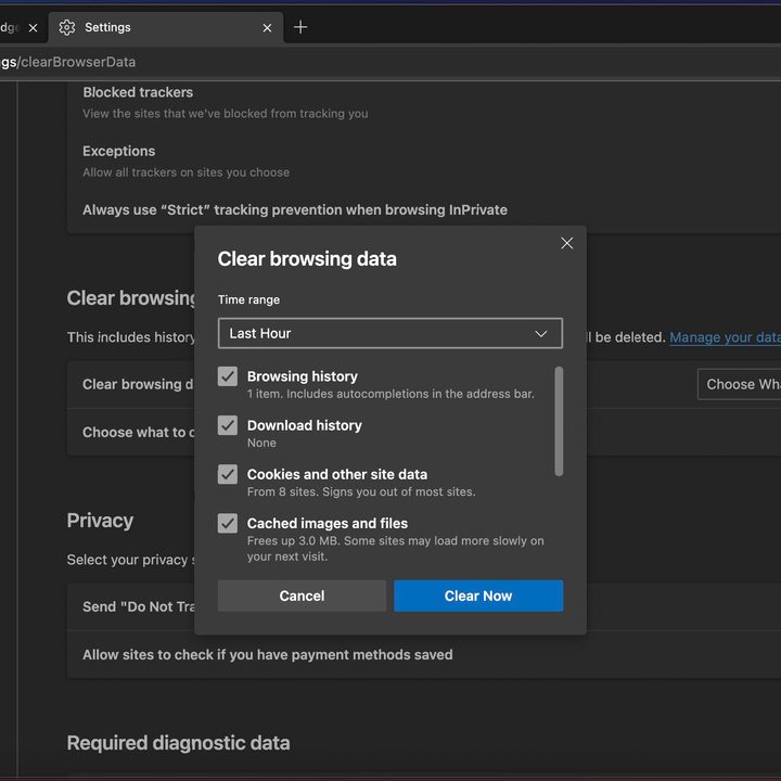 A screen shot of the clear browsing data window in Microsoft Edge for Mac.