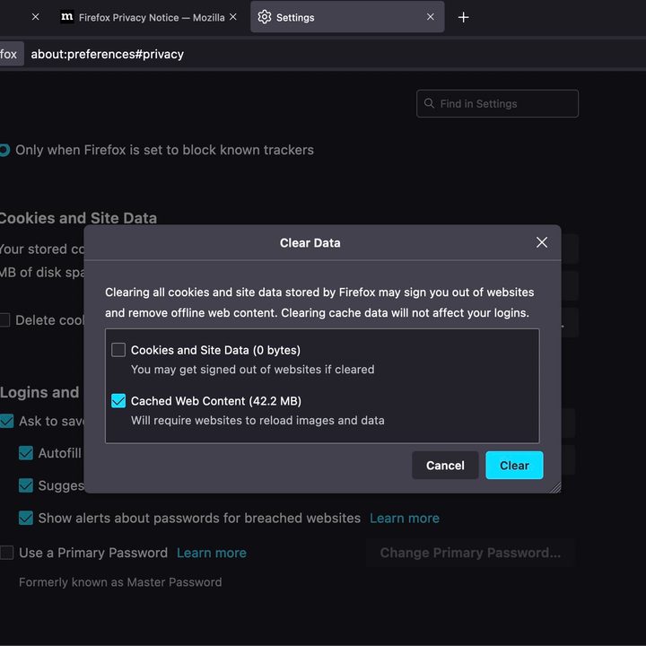 A screenshot of the Clear data tab on Mozilla Firefox for Mac.