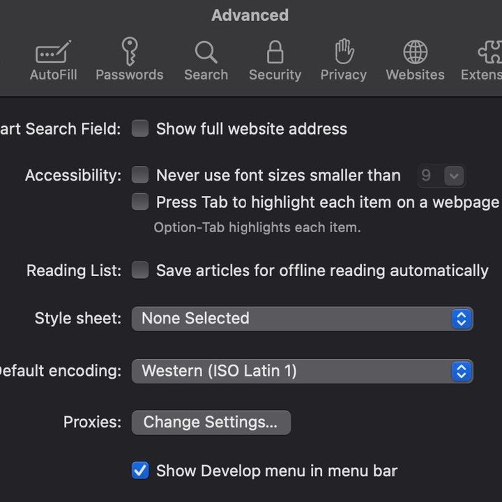 A screen shot of the Advanced tab in Safari for Mac.