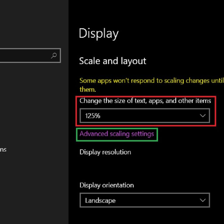 Windows 10 Settings app screenshot showing how to enlarge a screen.