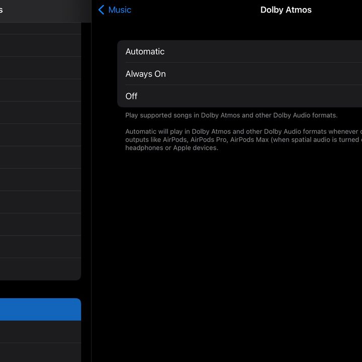 Dolby Atmos audio settings on iPad.