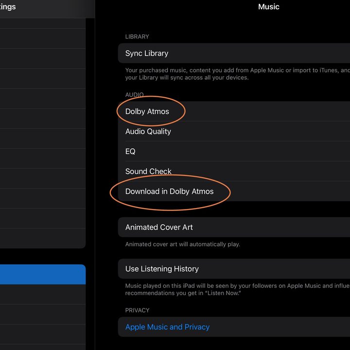 Dolby Atmos settings in iPad