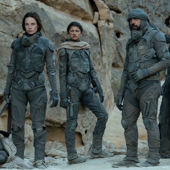 The cast of Dune stands in the desert of Arrakis in a scene from the movie.