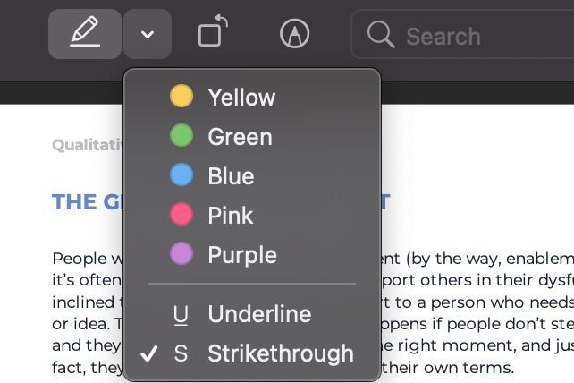 A screenshot of the Annotate quick menu, showing options for highlighting,underlining, and strike-through.