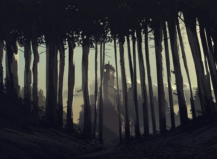 looking at finch mansion through forest