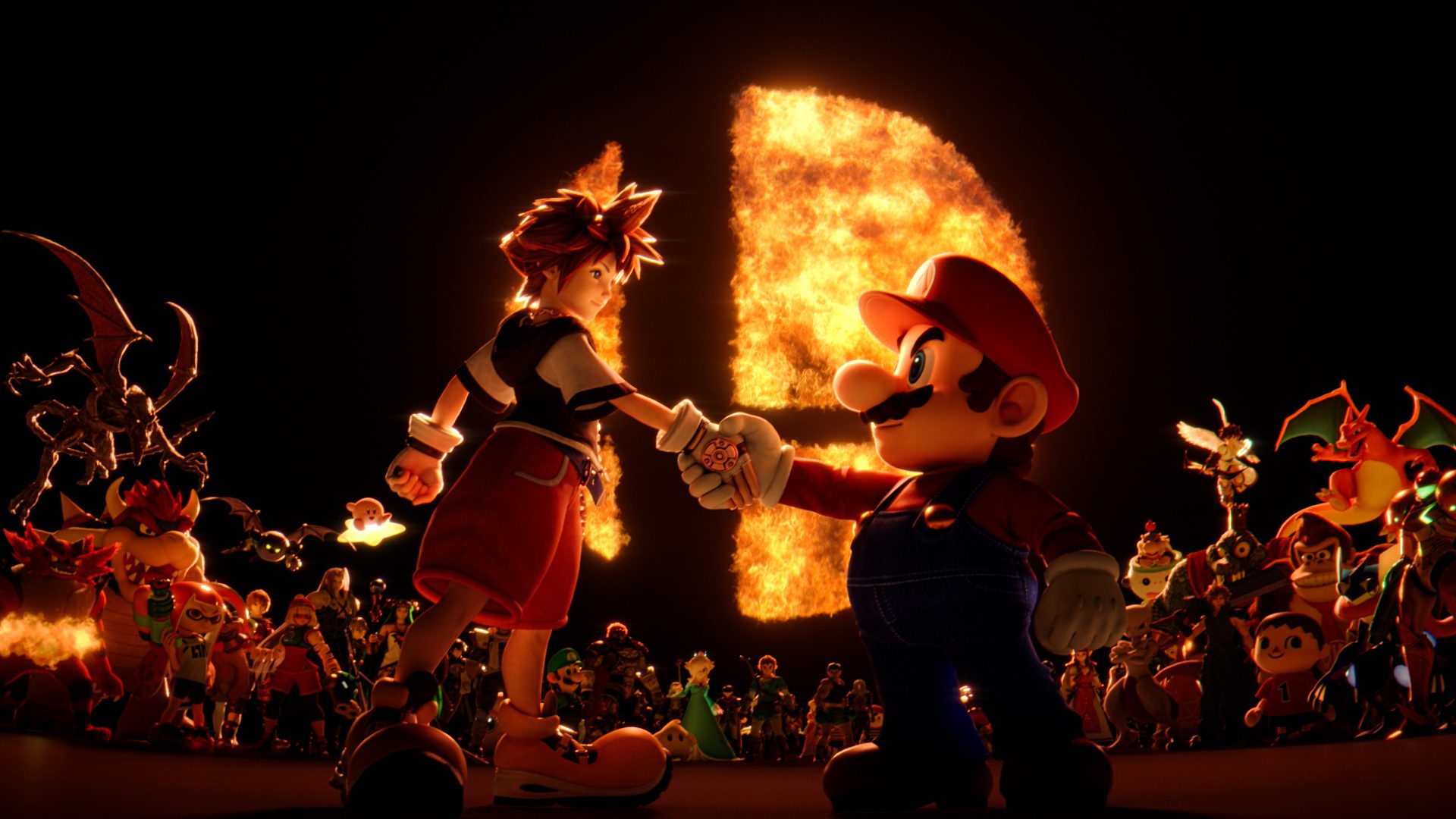 Sora and Mario shake hands in Super Smash Bros. Ultimate in front of a half moon.