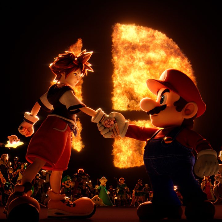 Sora and Mario shake hands in Super Smash Bros. Ultimate.