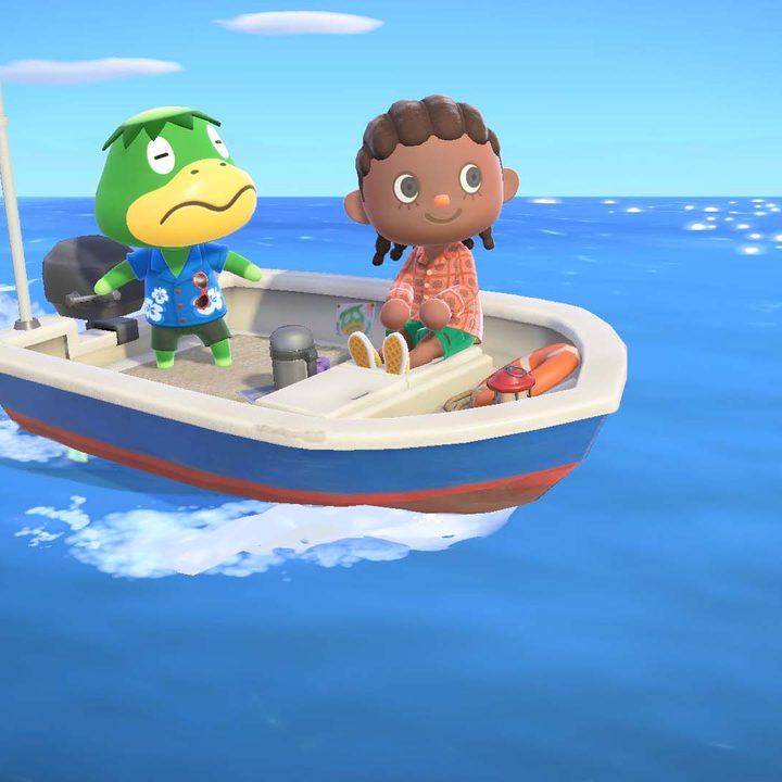 A villager rides a boat with Kapp'n in Animal Crossing: New Horizons.