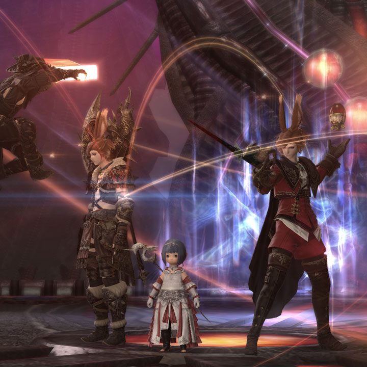 Four characters posing at the end of the first FFXIV Endwalker dungeon "The Tower of Zot".