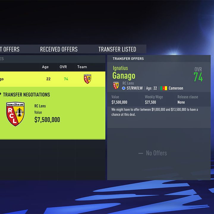 A player transfer screen in FIFA 22 with the option to delegate the transfer to an assistant.