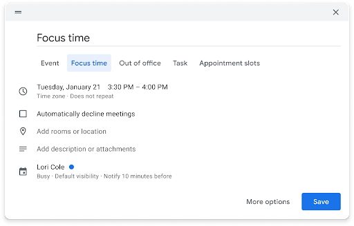 Focus time calendar entry.