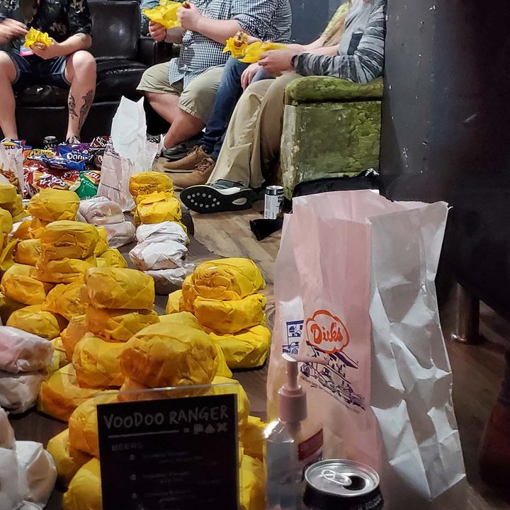 A pile of burgers, from the local food chain Dick's Drive in.