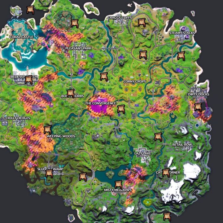 Map of bounty boards in Fortnite.