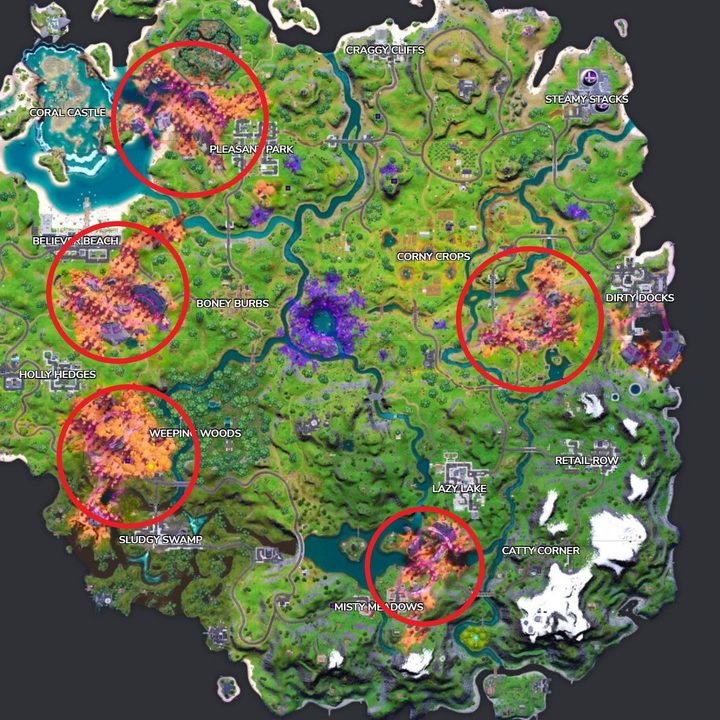 Map of crash sites in Fortnite.