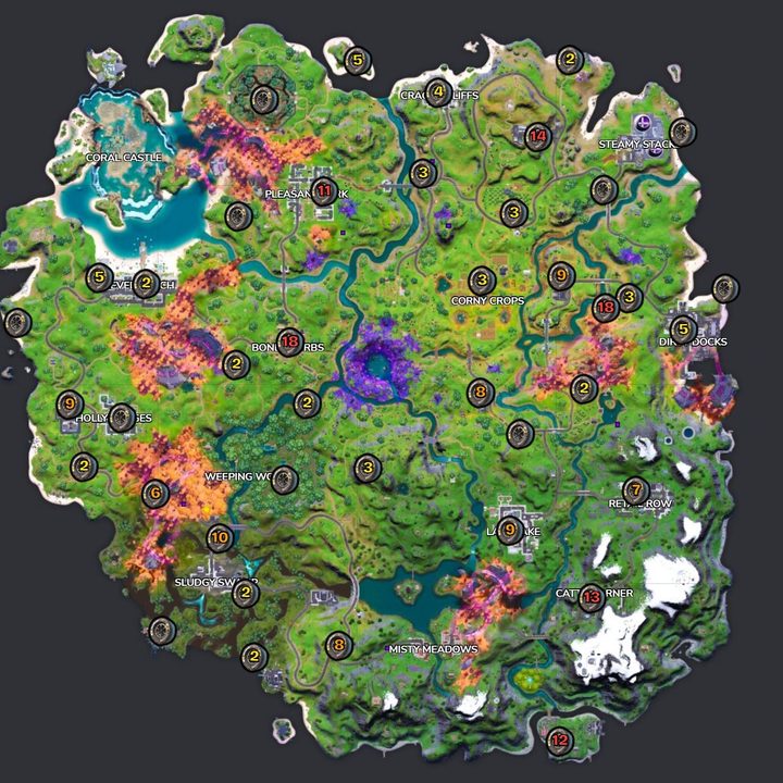 Map of tire locations in Fortnite.