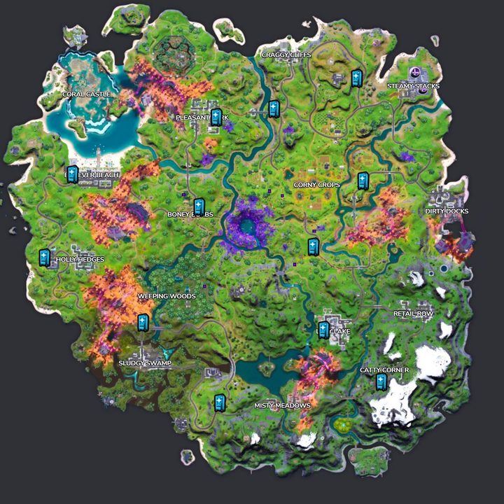 Map of mending machines in Fortnite.