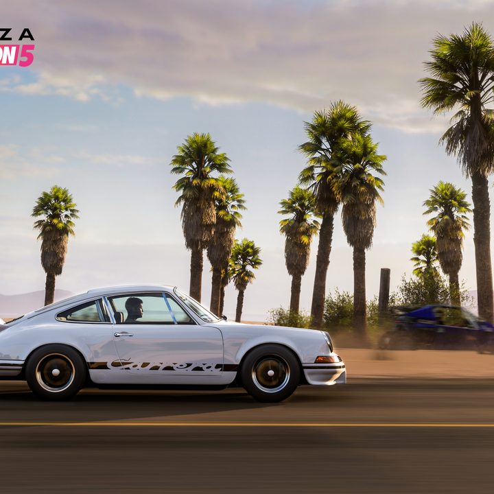 A car drives down a road in Forza Horizon 5.