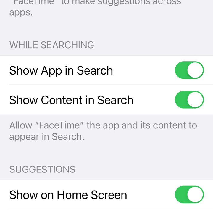 FaceTime on iPhone with search settings.