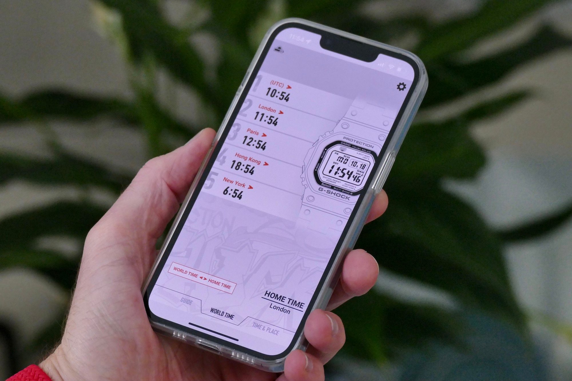 The World time feature in the G Shock GMWB5000TVA's app.