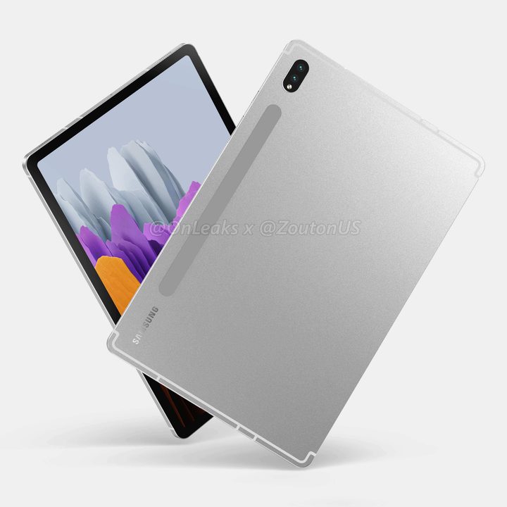 A render of the Galaxy Tab S8 in silver.