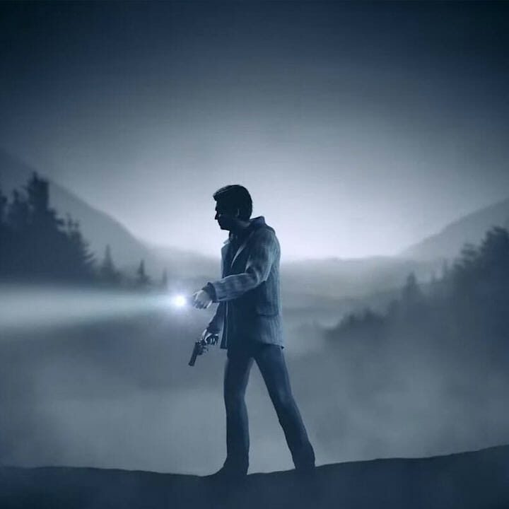 Alan Wake walking alone in the woods.