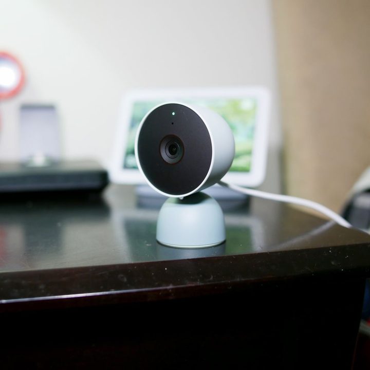 Google Nest Cam Indoor Wired on table.