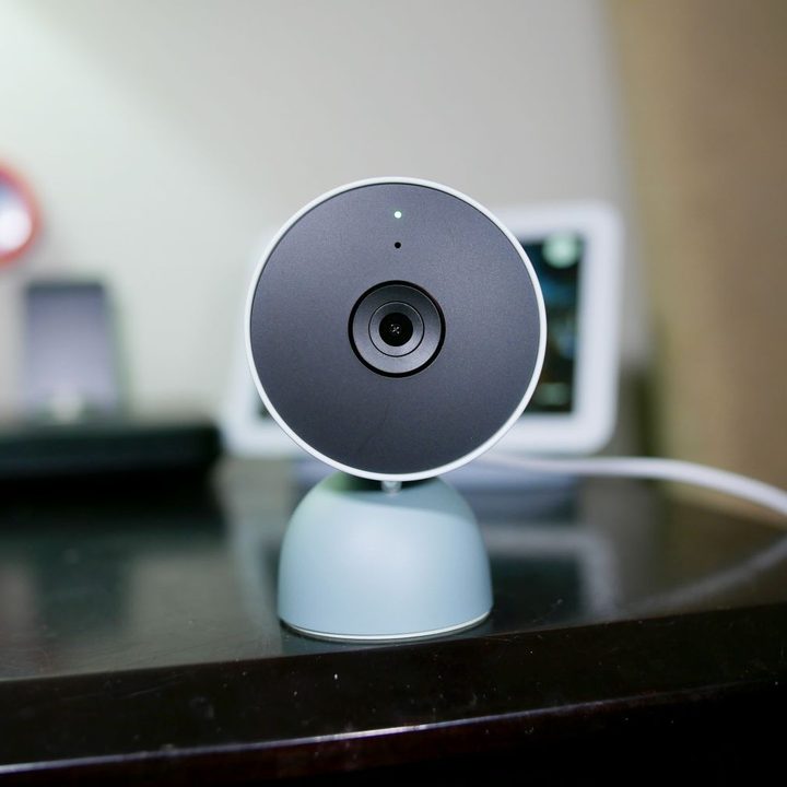 Closeup of camera lens on the Google Nest Cam Indoor Wired.