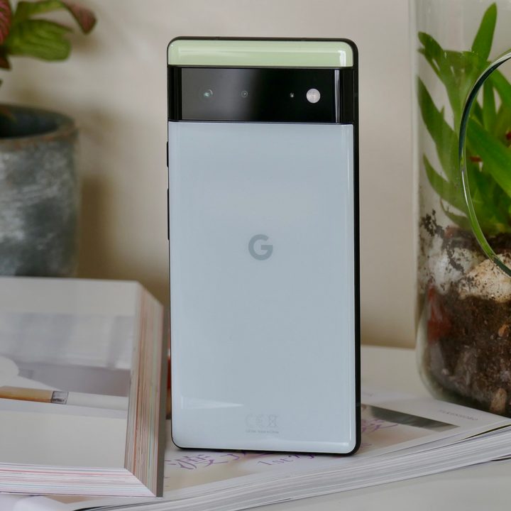 The back of the Pixel 6 in Seafoam color.