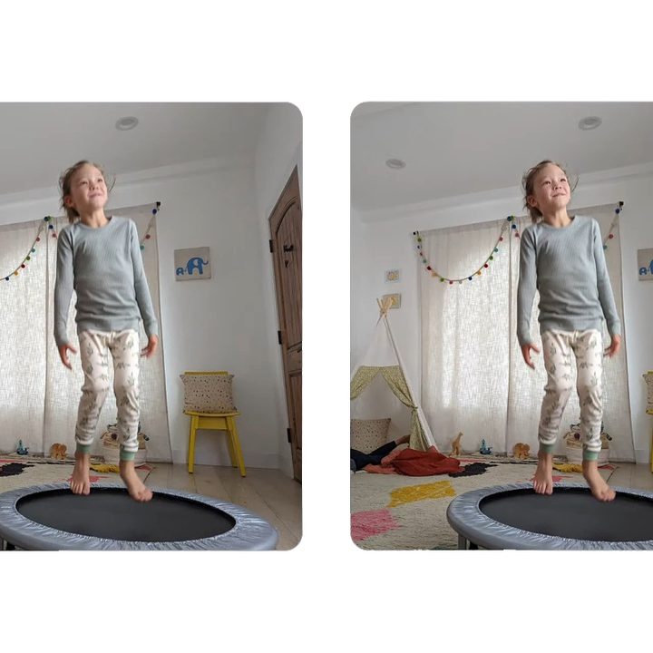 Two comparison photos of a a girl on a mini trampoline showcasing Google Pixel 6 Face Unblur.