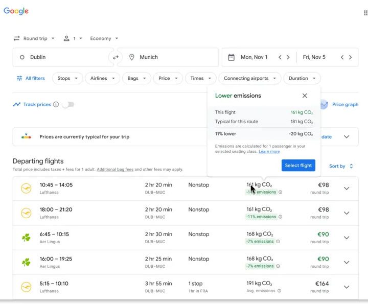 A screenshot of Google search results for flights with sustainability filters.