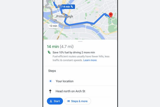 Screenshot of Google Maps directions using a more sustainable route.