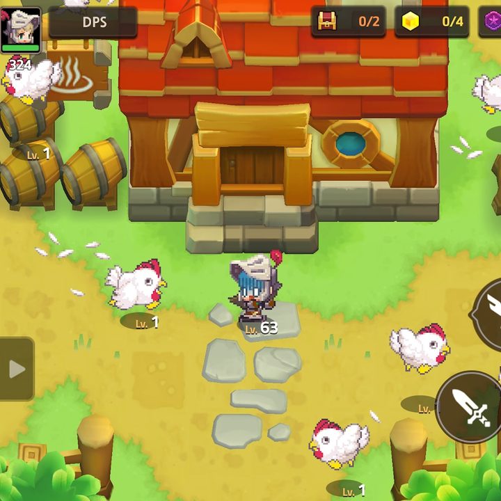 Guardian Tales player surrounded by angry chickens.