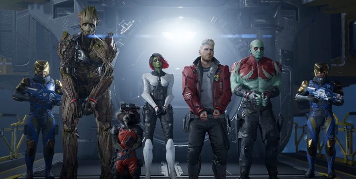 The heroes of Guardians of the Galaxy stand in handcuffs.