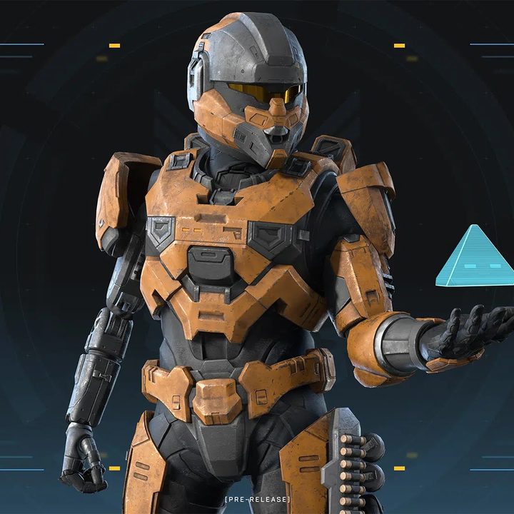 A Spartan in Halo Infinite holding their AI companion.