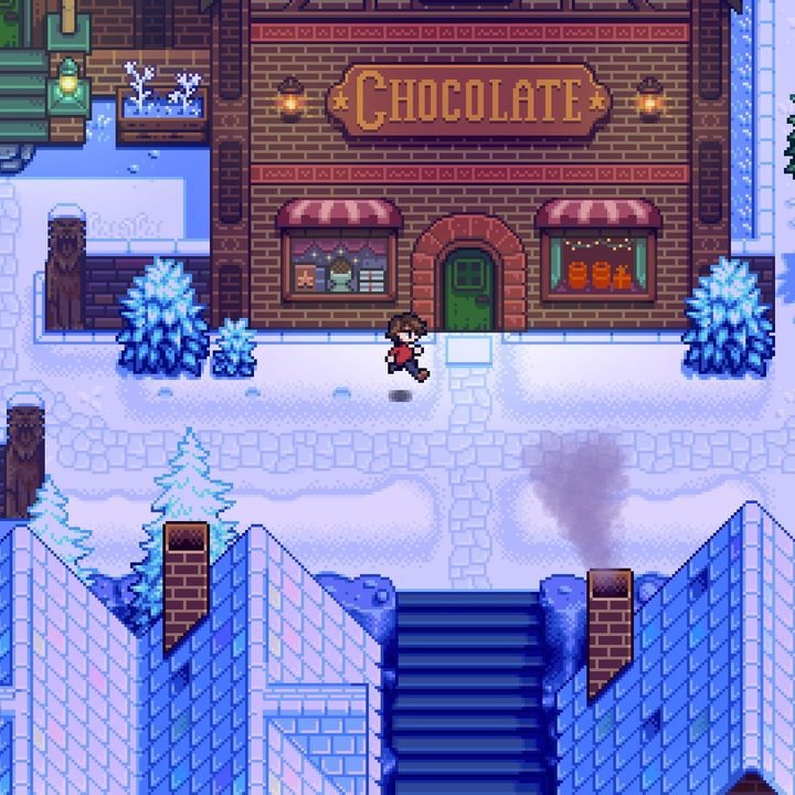 Player running in front of the choclaterie in Haunted Chocolatier.