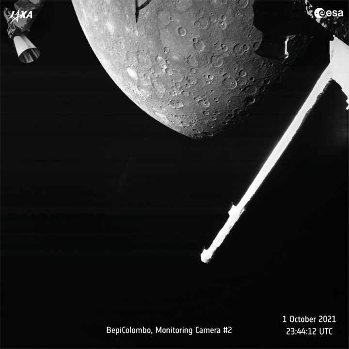 A view of Mercury captured by the joint European-Japanese BepiColombo mission on 1 October 2021 as the spacecraft flew past the planet.
