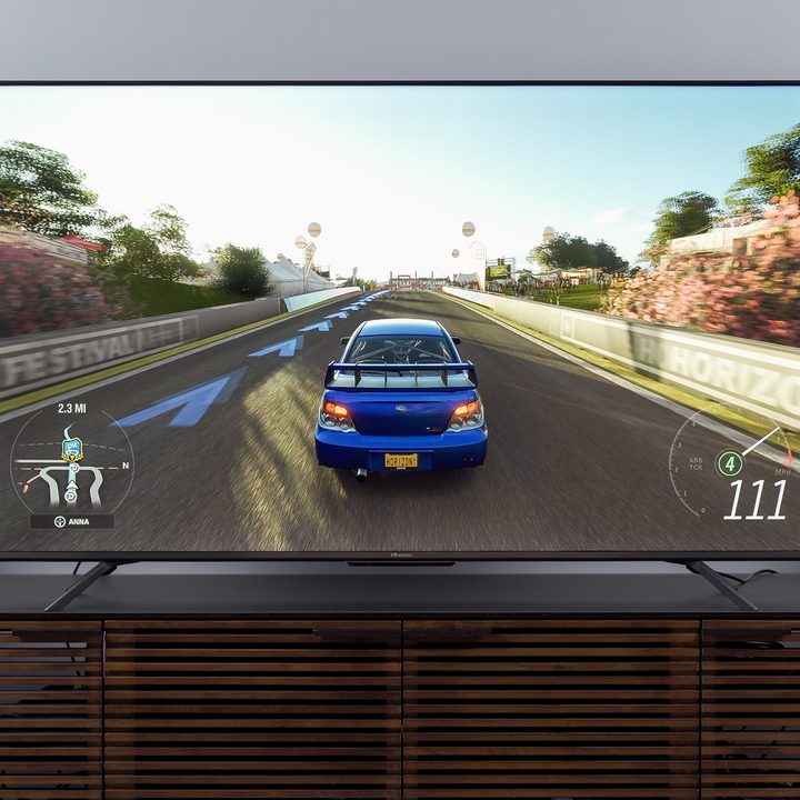 Car video game being played on the Hisense U7G TV.
