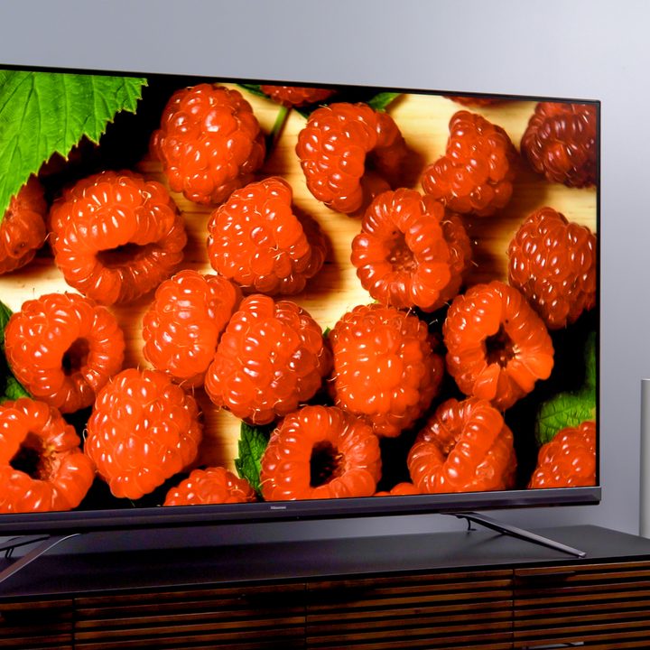 Vibrant red raspberries on the Hisense U9DG TV.