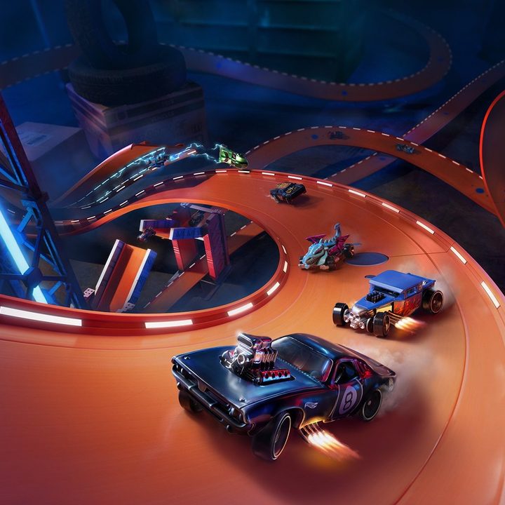 Cars racing on orange track in Hot Wheels Unleashed.
