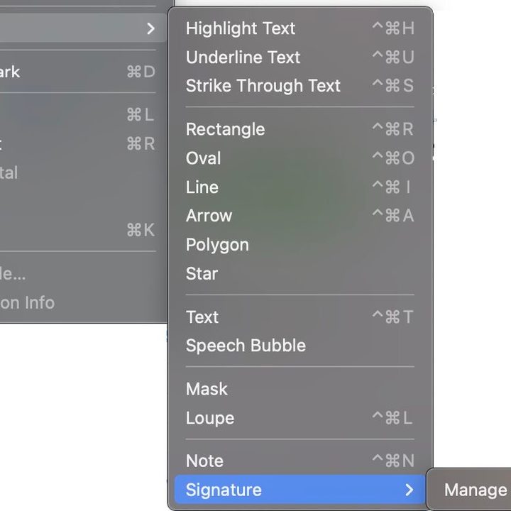The Signature menu to edit a PDF on Mac and insert annotations.