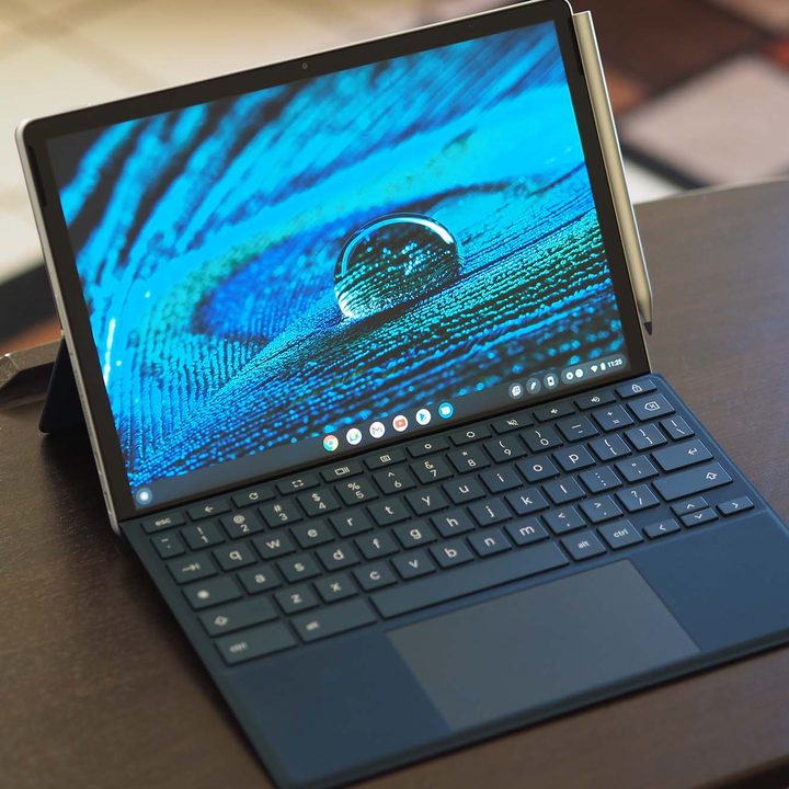 HP Chromebook x2 11 sitting on table top.