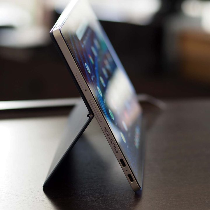 HP Chromebook x2 11 stand viewed from the side.