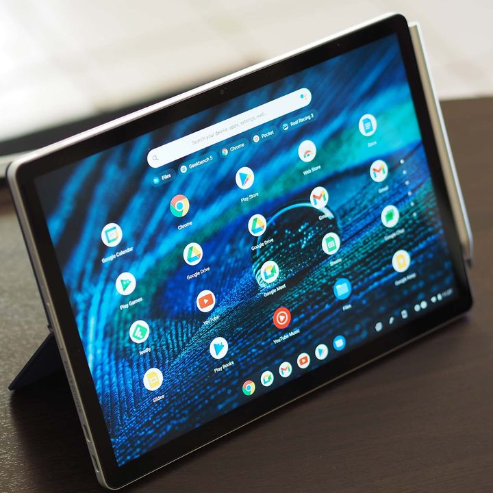 HP Chromebook x2 11 sitting up on a table.